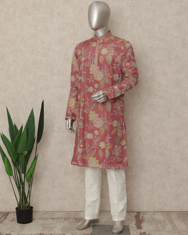 Rose Pink Shimmer Silk Kurta Pyjama Set Men