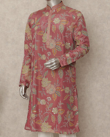 Rose Pink Shimmer Silk Kurta Pyjama Set Men