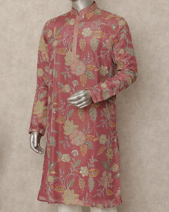 Rose Pink Shimmer Silk Kurta Pyjama Set Men
