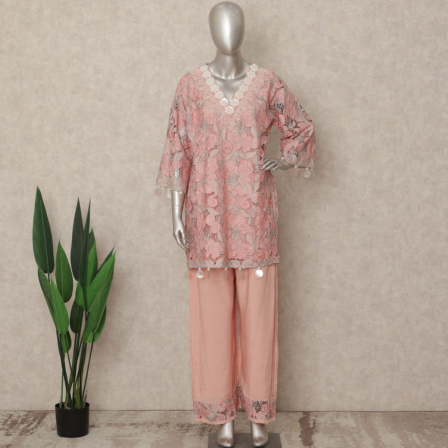 Soft Pink Lace Embroidered Co Ord Set Party Wear