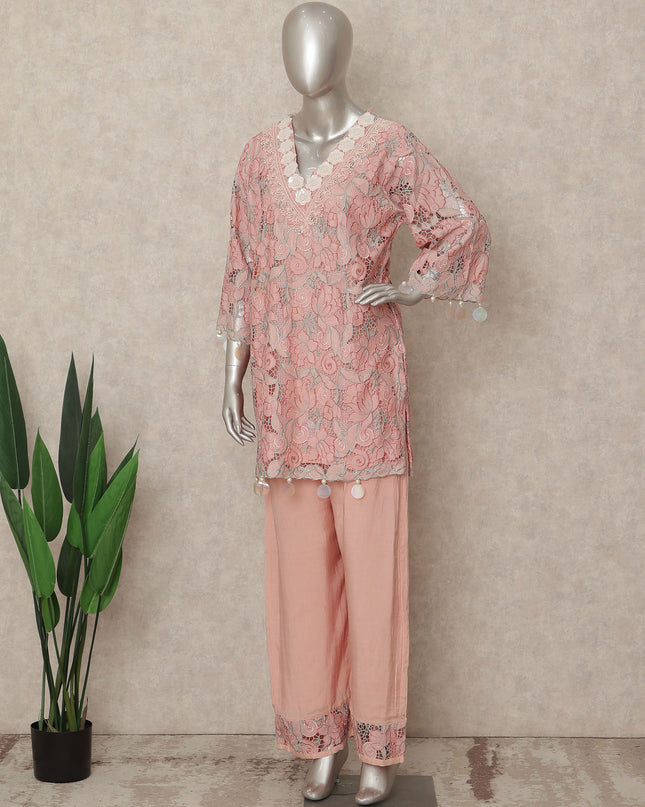 Soft Pink Lace Embroidered Co Ord Set Party Wear