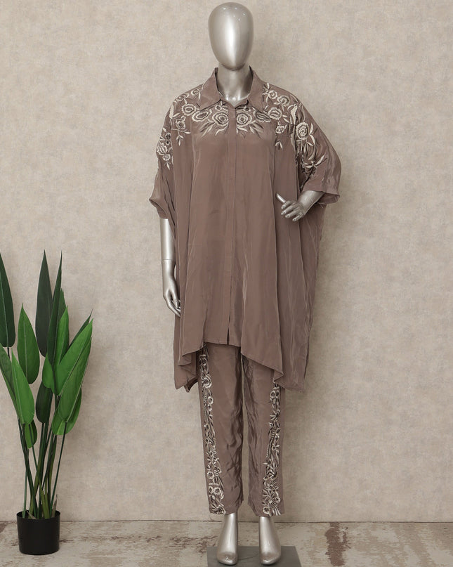 Taupe Brown Embroidered Co Ord Set Party Wear