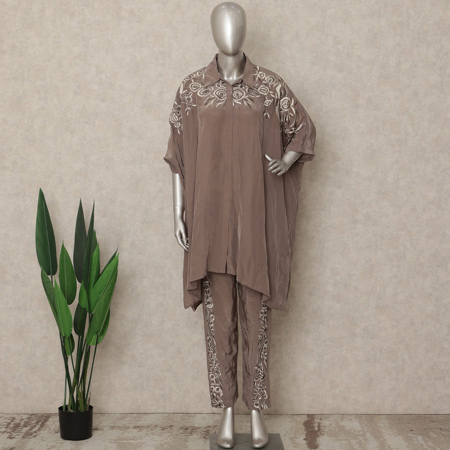Taupe Brown Embroidered Co Ord Set Party Wear