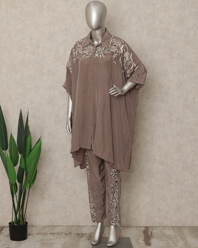 Taupe Brown Embroidered Co Ord Set Party Wear