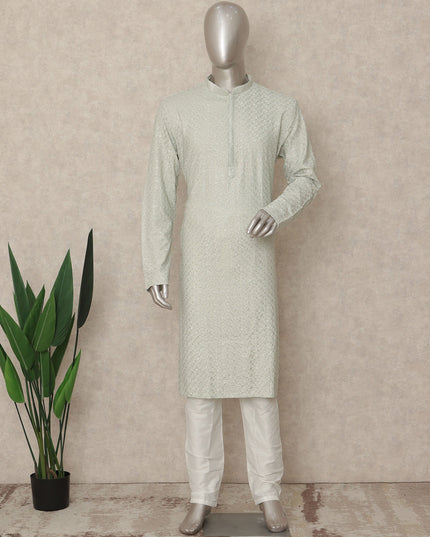 Pastel Mint Georgette Chikankari Kurta Set Men
