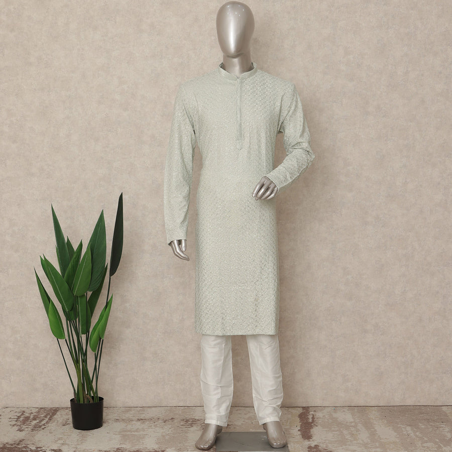 Pastel Mint Georgette Chikankari Kurta Set Men