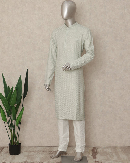 Pastel Mint Georgette Chikankari Kurta Set Men