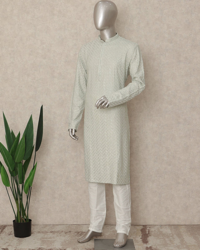 Pastel Mint Georgette Chikankari Kurta Set Men