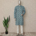 Teal Blue Leaf Print Cotton Kurta Pyjama Set