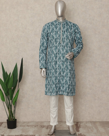 Teal Blue Leaf Print Cotton Kurta Pyjama Set