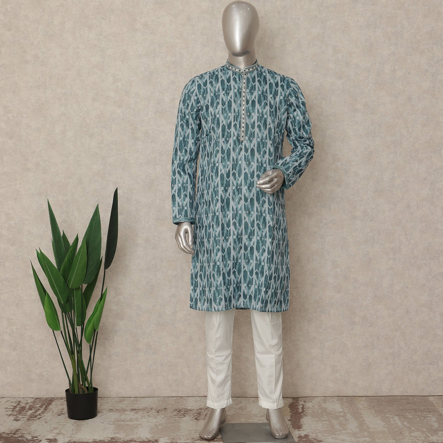 Teal Blue Leaf Print Cotton Kurta Pyjama Set