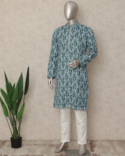 Teal Blue Leaf Print Cotton Kurta Pyjama Set