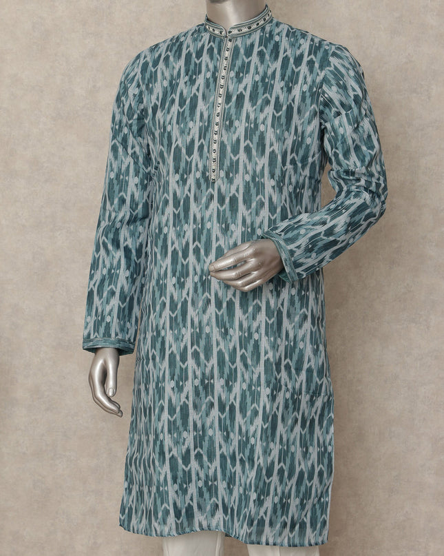 Teal Blue Leaf Print Cotton Kurta Pyjama Set