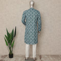 Teal Blue Leaf Print Cotton Kurta Pyjama Set