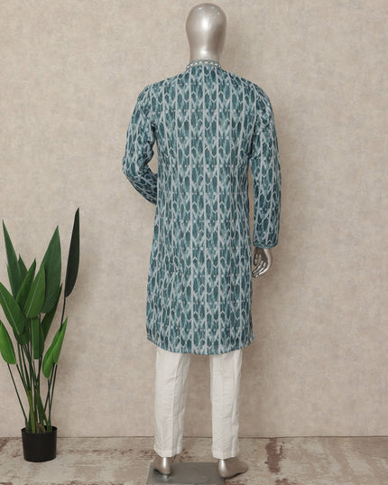 Teal Blue Leaf Print Cotton Kurta Pyjama Set