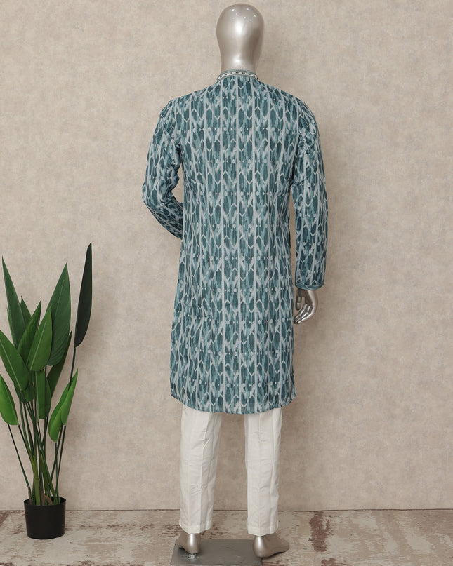 Teal Blue Leaf Print Cotton Kurta Pyjama Set