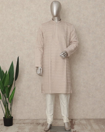 Ivory Beige Chikankari Kurta Pyjama Set for Men
