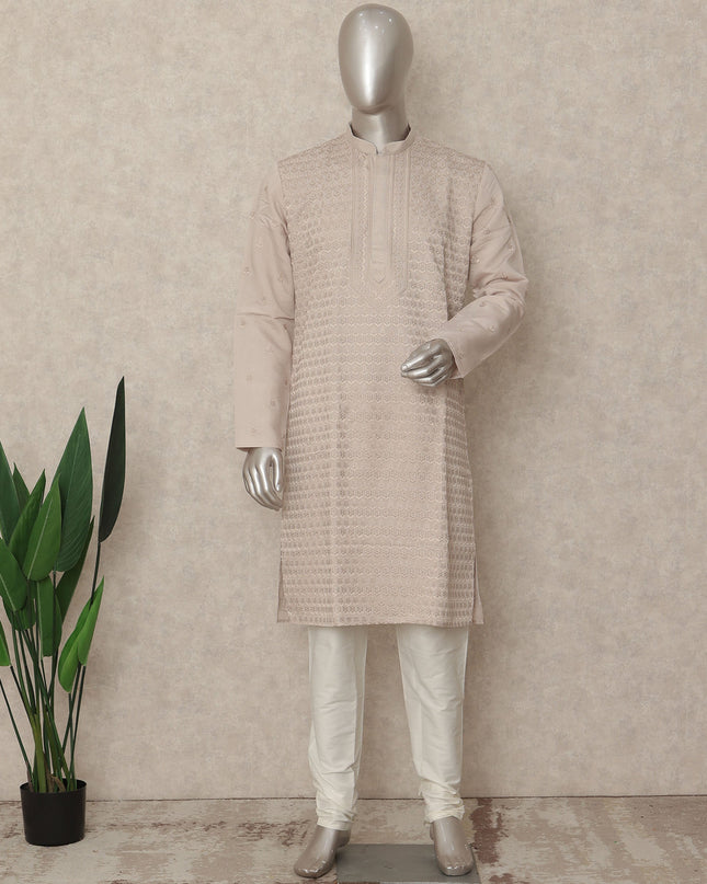 Ivory Beige Chikankari Kurta Pyjama Set for Men