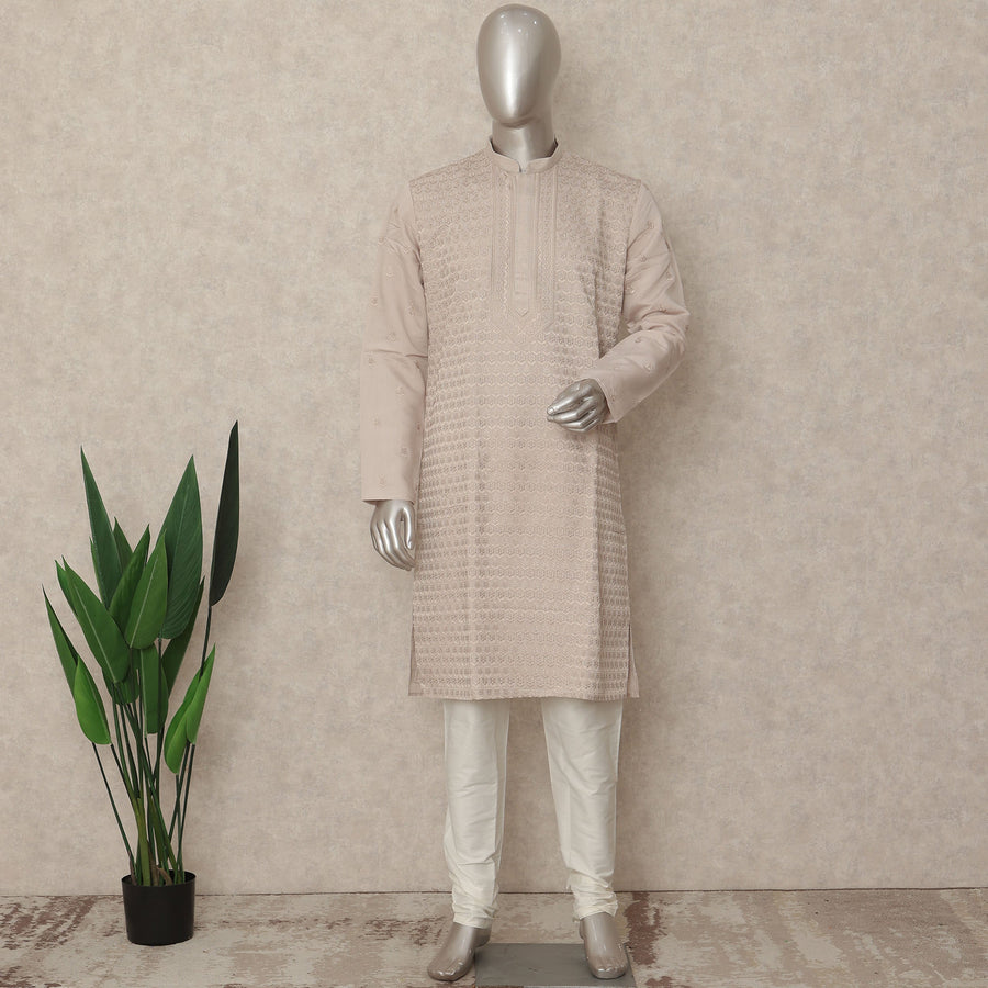 Ivory Beige Chikankari Kurta Pyjama Set for Men