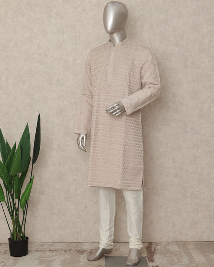 Ivory Beige Chikankari Kurta Pyjama Set for Men