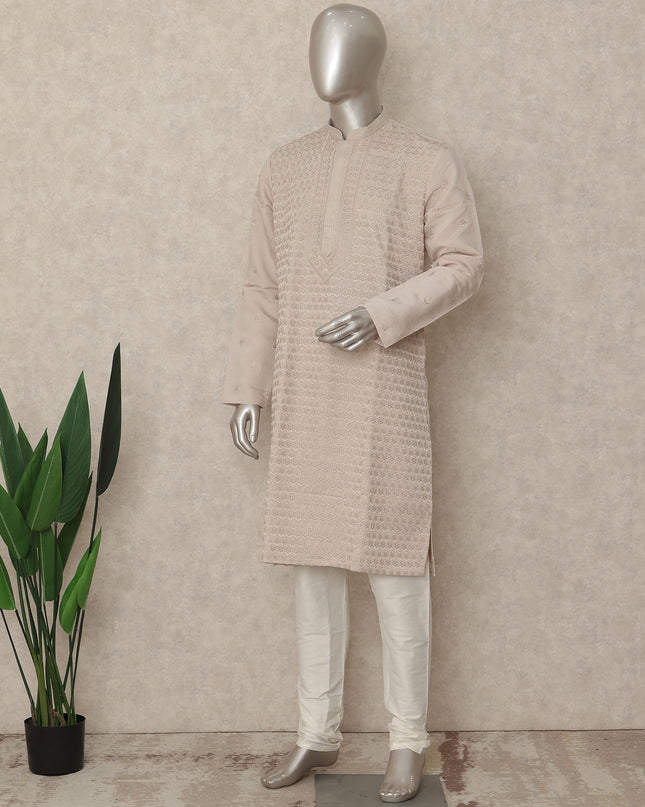 Ivory Beige Chikankari Kurta Pyjama Set for Men