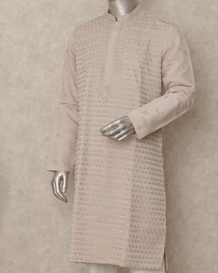 Ivory Beige Chikankari Kurta Pyjama Set for Men
