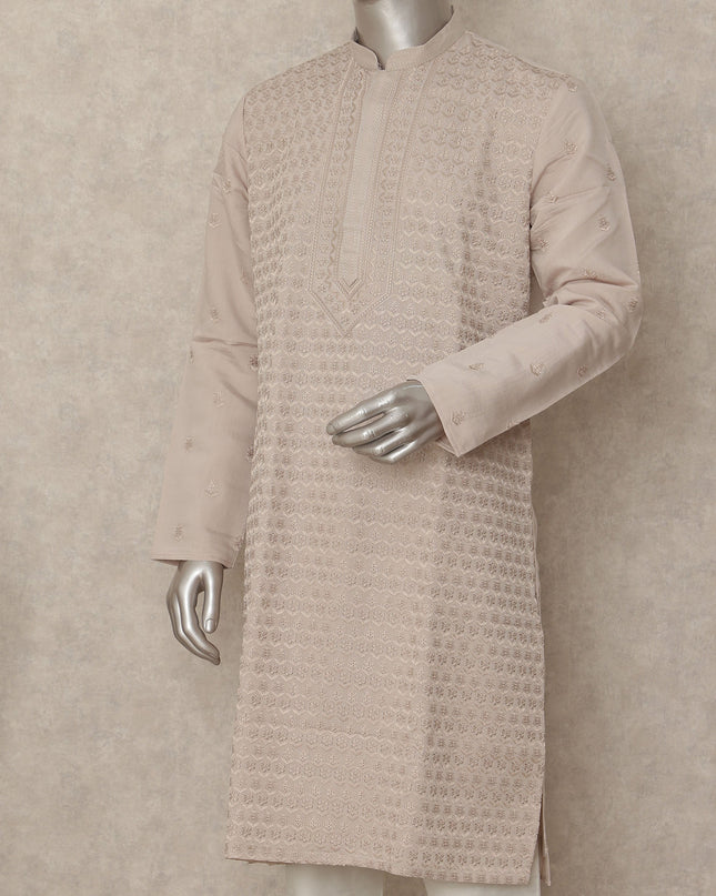 Ivory Beige Chikankari Kurta Pyjama Set for Men