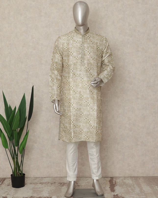 Beige Linen Men's Kurta Pajama - D29298