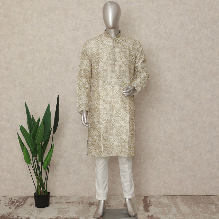 Beige Linen Men's Kurta Pajama - D29298