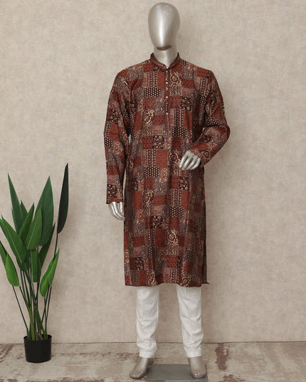 Rustic Brown Geometric Cotton Kurta Pyjama Set