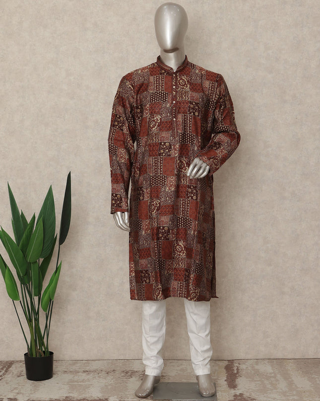 Rustic Brown Geometric Cotton Kurta Pyjama Set