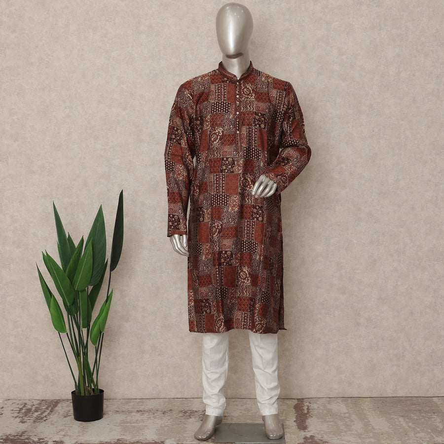 Rustic Brown Geometric Cotton Kurta Pyjama Set