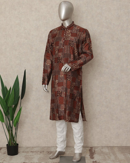 Rustic Brown Geometric Cotton Kurta Pyjama Set