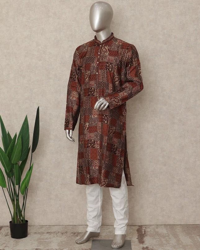 Rustic Brown Geometric Cotton Kurta Pyjama Set