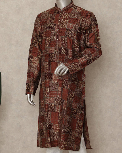 Rustic Brown Geometric Cotton Kurta Pyjama Set