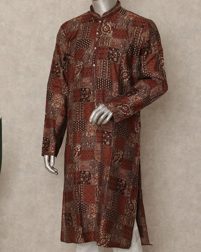 Rustic Brown Geometric Cotton Kurta Pyjama Set