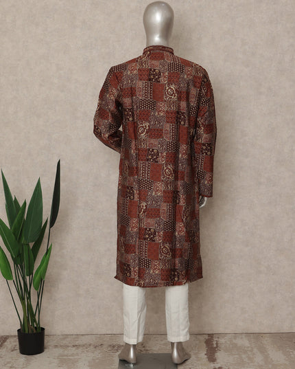 Rustic Brown Geometric Cotton Kurta Pyjama Set