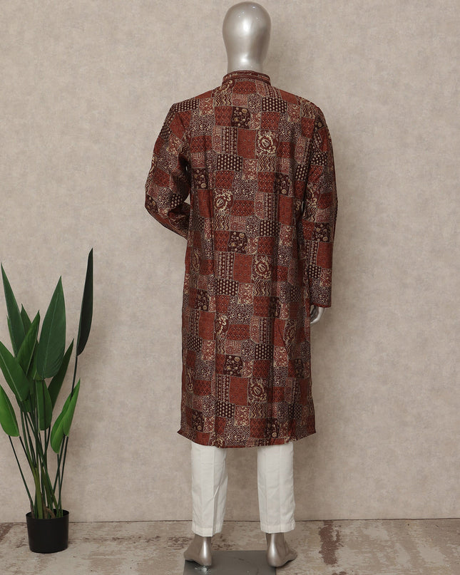 Rustic Brown Geometric Cotton Kurta Pyjama Set