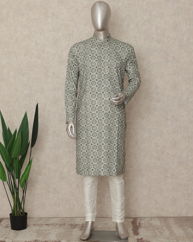 Sage Grey Geometric Cotton Kurta Pyjama Set