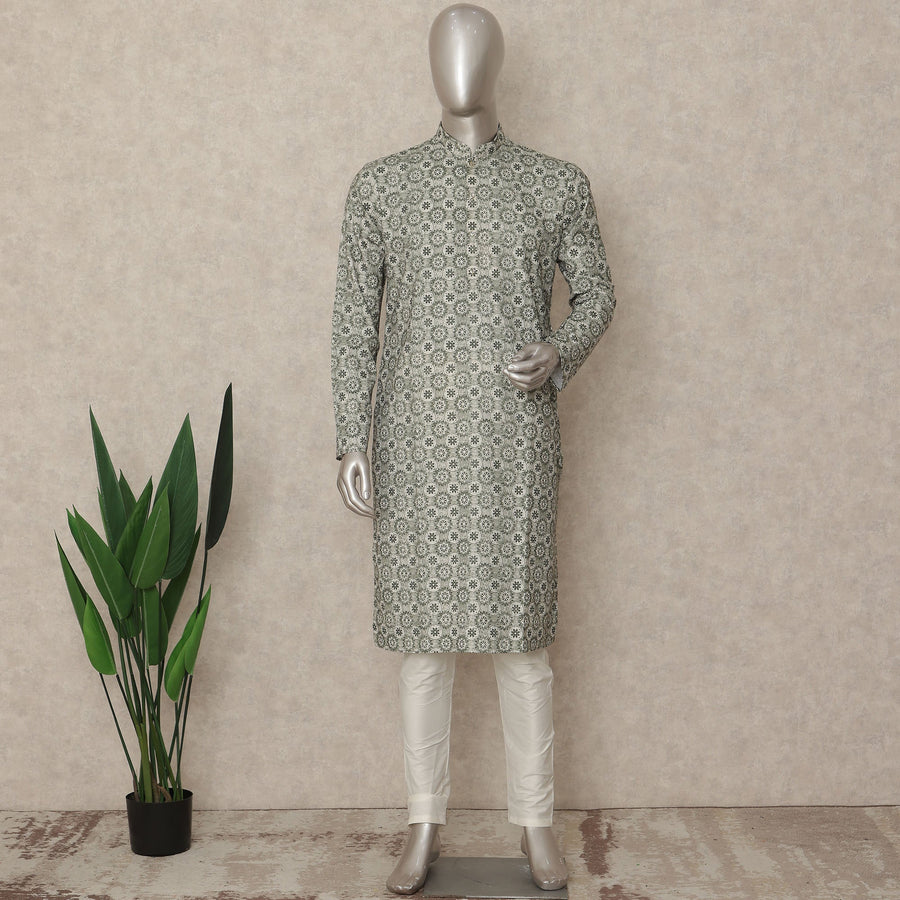 Sage Grey Geometric Cotton Kurta Pyjama Set