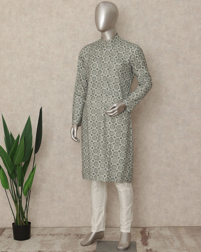 Sage Grey Geometric Cotton Kurta Pyjama Set