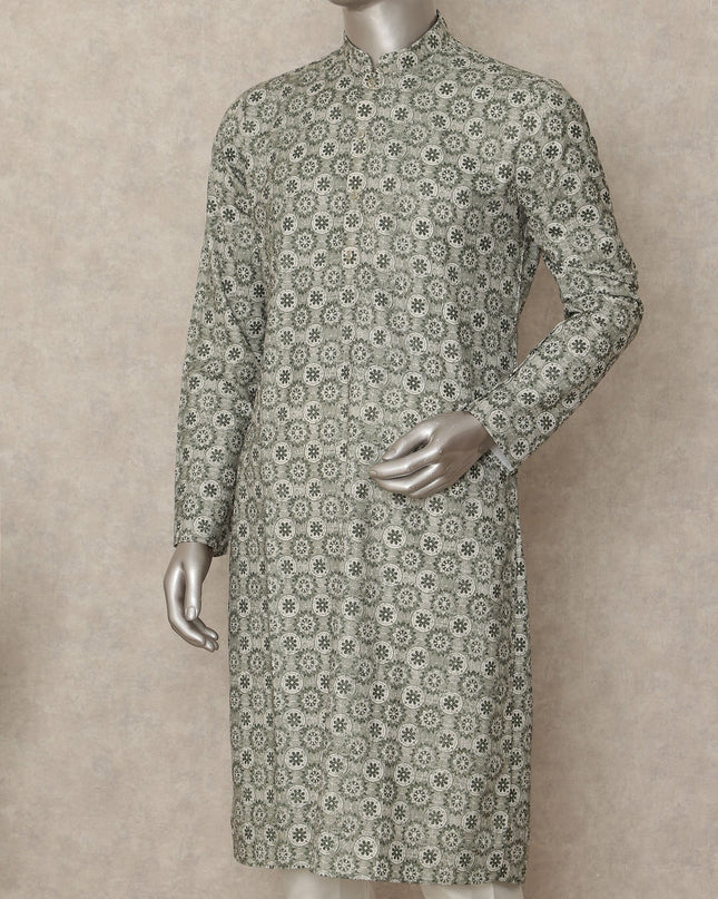 Sage Grey Geometric Cotton Kurta Pyjama Set