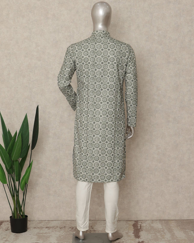 Sage Grey Geometric Cotton Kurta Pyjama Set