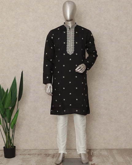 Black Embroidered Cotton Kurta Pyjama Set Men