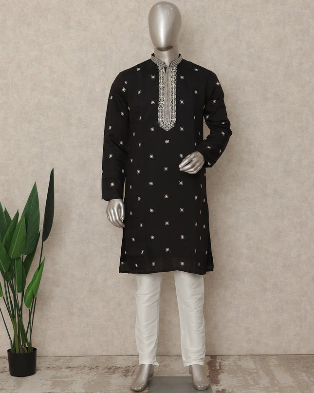 Black Embroidered Cotton Kurta Pyjama Set Men