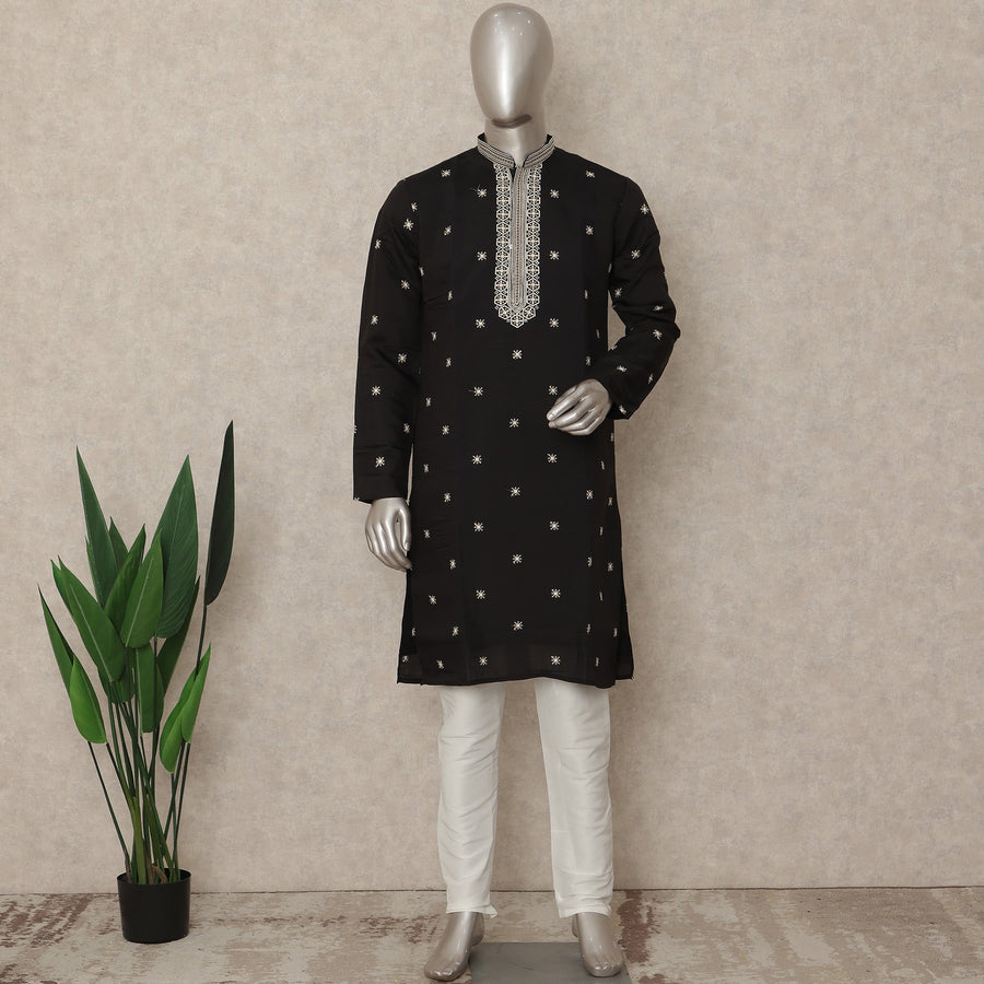 Black Embroidered Cotton Kurta Pyjama Set Men