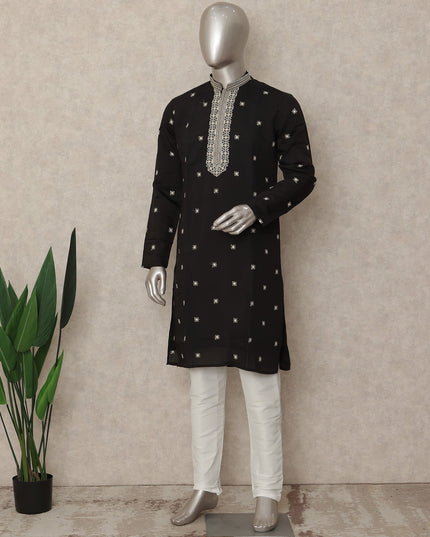 Black Embroidered Cotton Kurta Pyjama Set Men