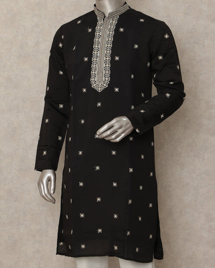 Black Embroidered Cotton Kurta Pyjama Set Men