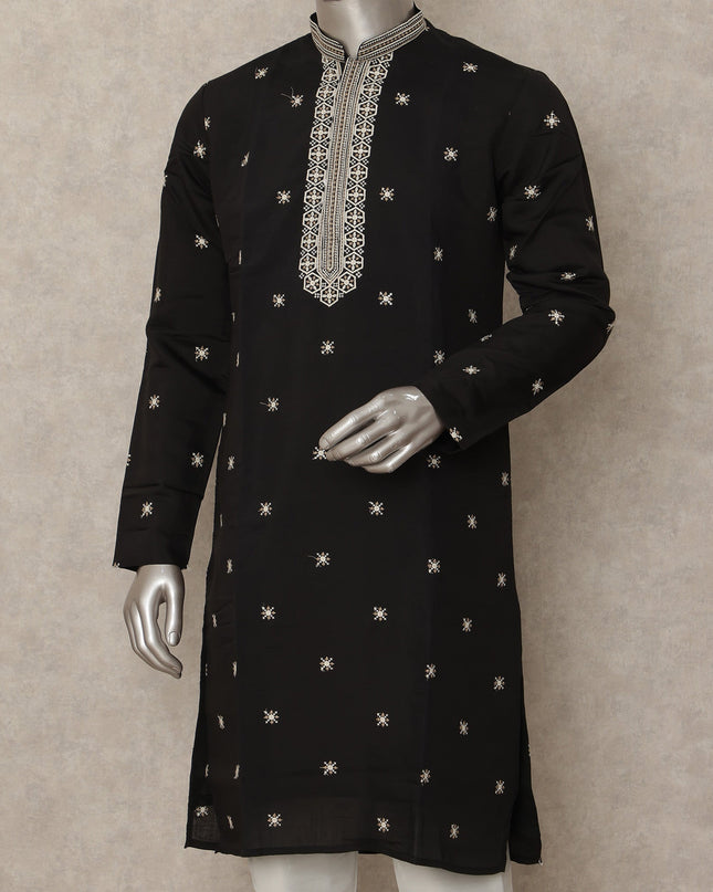Black Embroidered Cotton Kurta Pyjama Set Men