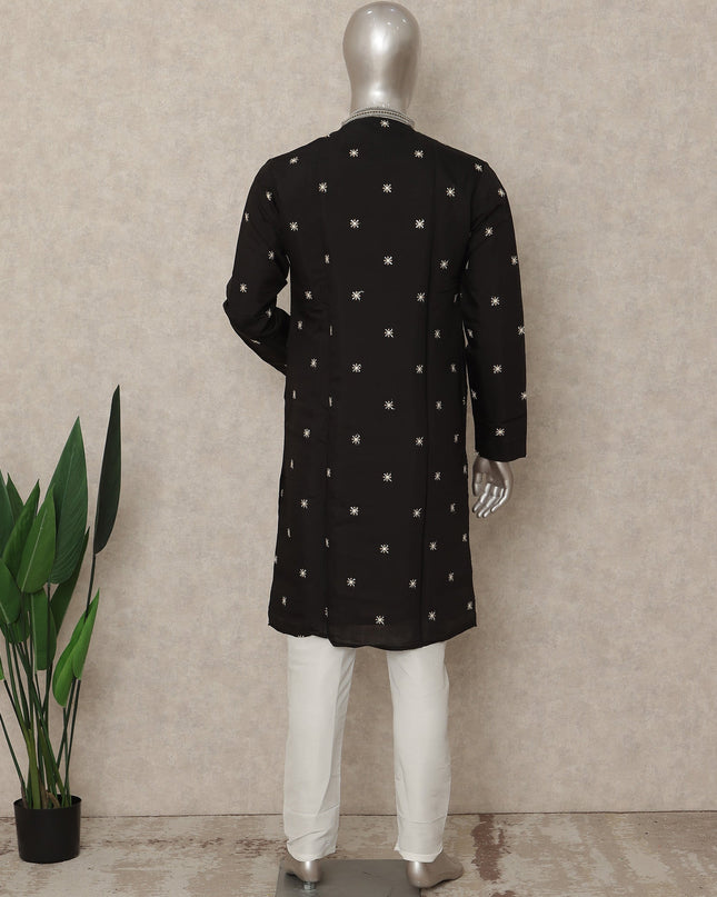 Black Embroidered Cotton Kurta Pyjama Set Men